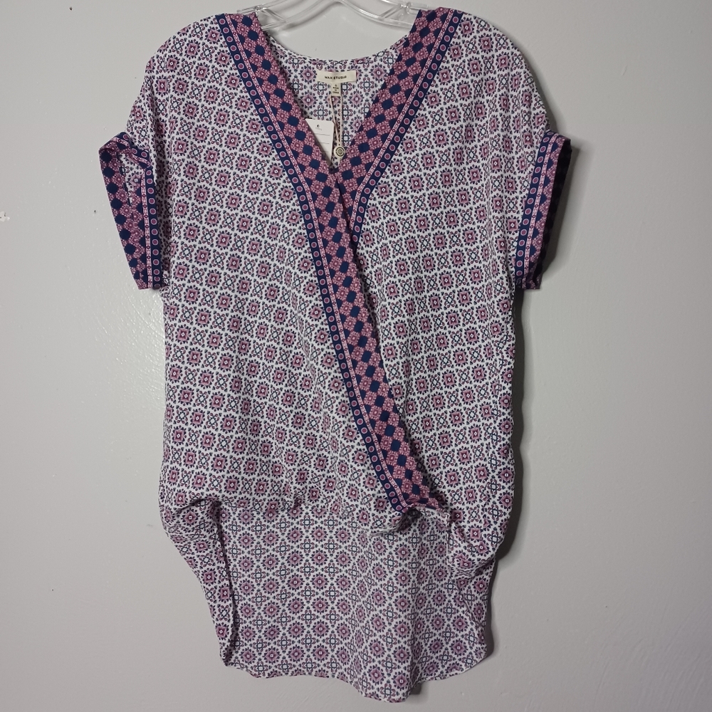 Max Studio Faux Wrap Hi-Lo Top Short Sleeve Folded Cuff Women's Small